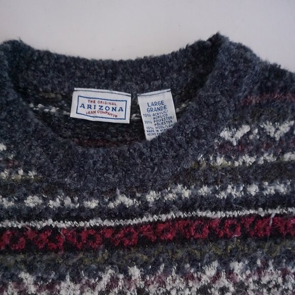 Vintage Arizona Jean Company Fair Isle Knit Sweater Gray Red Cozy Cabincore L - Picture 9 of 9